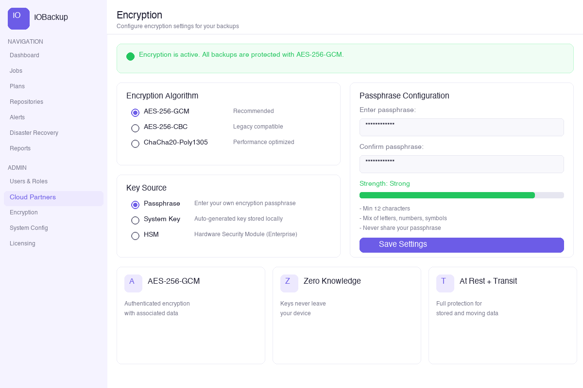 IOBackup Encryption — AES-256-GCM and key management